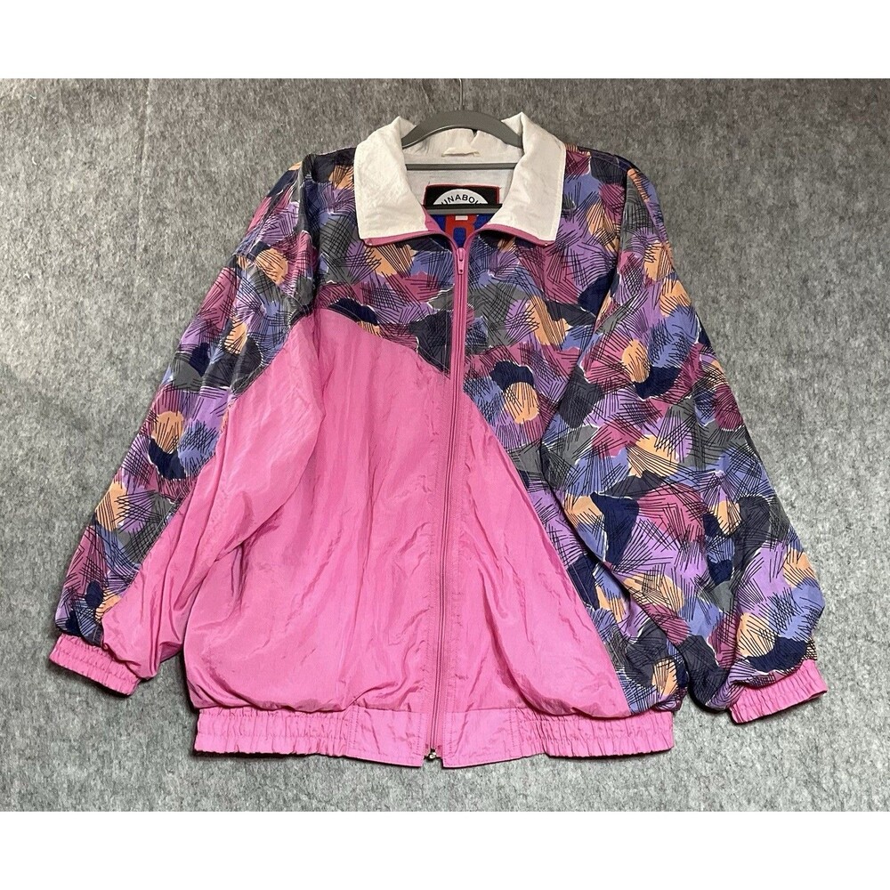 Vintage Windbreaker Jacket Womens Medium Pink Pockets Full Zip Nylon 90s Jogger